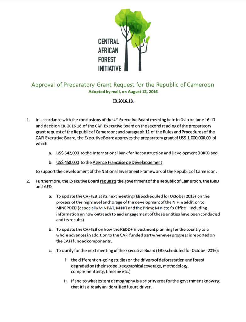 Approval of Preparatory Grant Request for the Republic of Cameroon